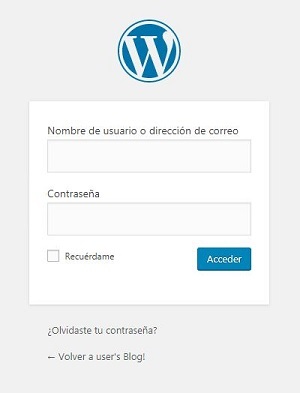 Imagen que muestra el acceso a la consola de administración de WordPress, donde hay que introducir el nombre de usuario y la contraseña. 