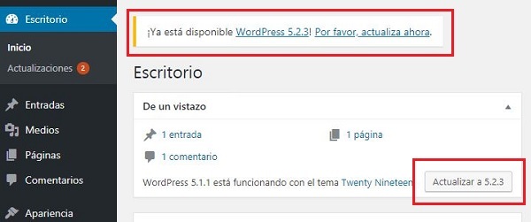 Imagen que muestra el aviso dentro del panel de administración de WordPress, de una nueva versión disponible para actualizar. En este caso la 5.2.3. Además se muestra el botón Actualizar a 5.2.3