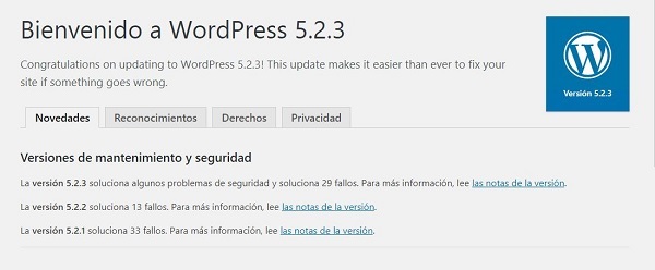 Imagen que muestra que la actualización ha concluido con éxito. El literal que aparece es Bienvenido a WordPress 5.2.3.